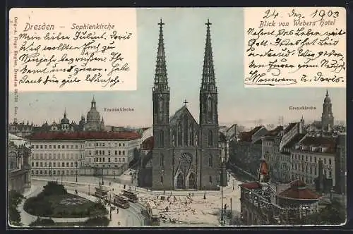 AK Dresden, Strassenbahn vor der Sophienkirche, Kreuzkirche