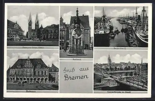 AK Bremen, Roland, Rathaus und Freihafen II