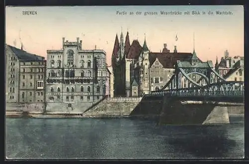 AK Bremen, Grosse Weserbrücke, Teilansicht mit Wachtstrassen-Blick