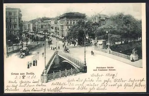 AK Berlin-Tiergarten, Potsdamer Brücke und Potsdamer Strasse aus der Vogelschau, Strassenbahn