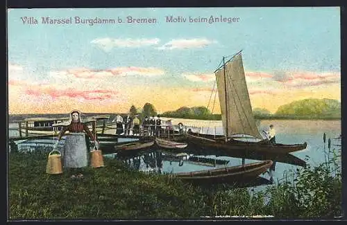 AK Bremen-Burgdamm, Anleger, Segelboot, Leute auf der Landungsbrücke, Frau mit Eimern