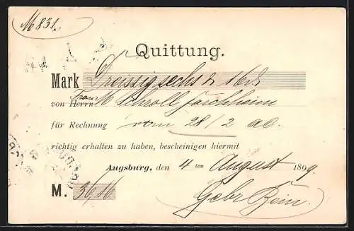 AK Augsburg, Firma Gebrüder Bein, Quittung