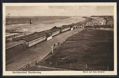 AK Norderney, Blick auf den Strand, mit Kabinenhäusern