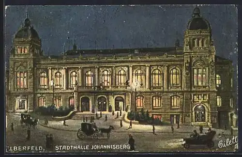 Künstler-AK Elberfeld, Stadthalle Johannisberg bei Nacht