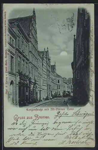 Mondschein-AK Bremen, Langenstrasse mit Alt Bremer-Haus