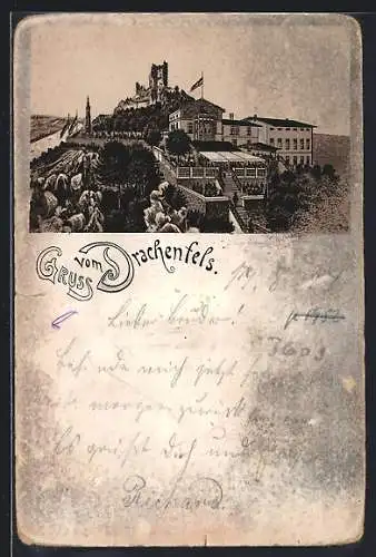 Lithographie Drachenfels, Blick auf die Burg