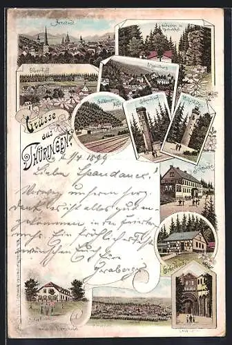 Lithographie Arnstadt /Thüringen, Gasthaus Schmücke, Schneekopf, Kickelhahn, Elgersburg und Göthestein im Körnbachthal