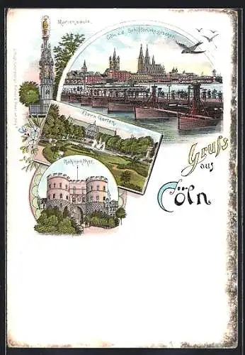 Lithographie Cöln, Hahnenthor, Flora-Garten, Stadt von der Schiffbrück gesehen, Mariensäule
