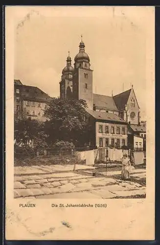 AK Plauen / Vogtland, Die St. Johanniskirche mit Dreiheits-Restaurant