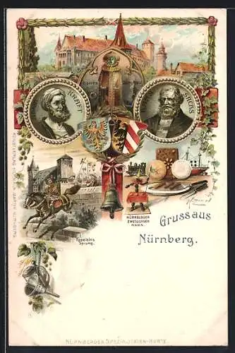 Passepartout-Lithographie Nürnberg, Burg, Eiserne Jungfrau, Eppeleins Sprung