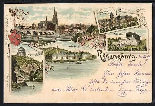 Lithographie Regensburg, Walhalla, Westenburg, Befreiungshalle