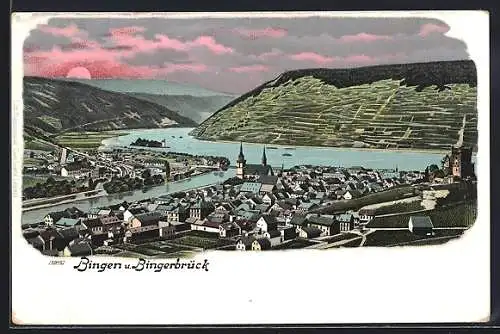 Lithographie Bingen / Rhein, Ortsblick und Bingerbrück