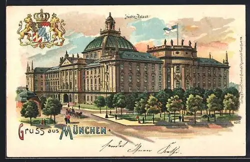 Lithographie München, Justiz-Palast mit Anlagen, Wappen