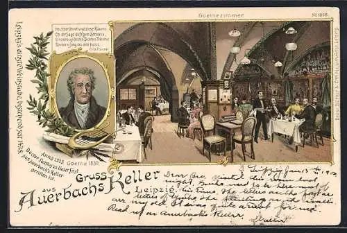 Lithographie Leipzig, Gasthaus Auerbachs Keller, Porträt von Goethe, Goethezimmer