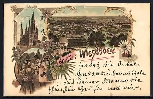 Lithographie Wiesbaden, Panorama, Evang. Kirche, Personen