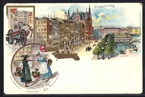 Lithographie Hamburg-Neustadt, Jungfernstieg, Milchkarren, Hamburger Dienstmädchen und Vierländerin