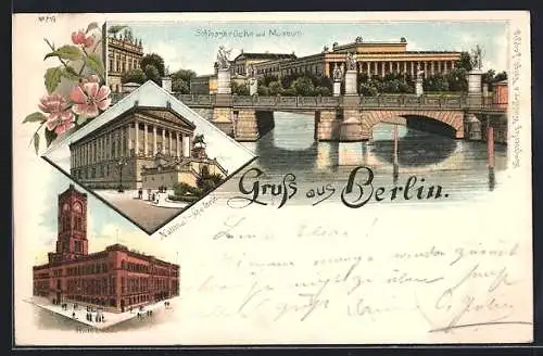 Lithographie Berlin, Schlossbrücke und Museum, National-Galerie, Rotes Rathaus