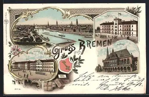 Lithographie Bremen, Kaserne der 2. Comp., Rathaus, Kaserne der 7. und 8. Comp.