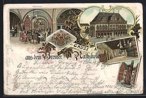 Lithographie Bremen, Gasthaus Rathskeller, Obere Rathaushalle, Roland