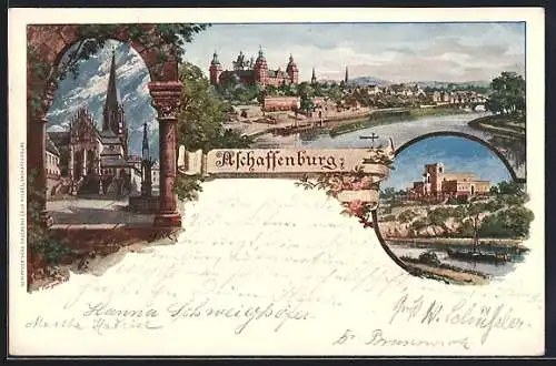 Künstler-AK Aschaffenburg, Ortspartie mit Kirche, Ortsansicht mit Fluss