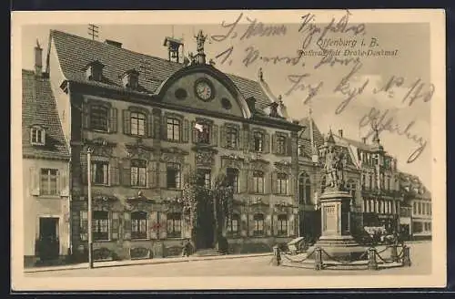 AK Offenburg i. B., Rathaus mit Drake-Denkmal