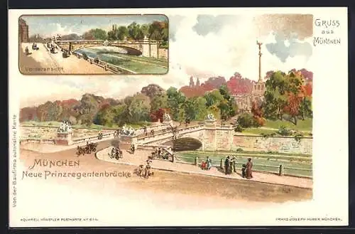 Lithographie München, Neue Prinzregentenbrücke, Vroderansicht