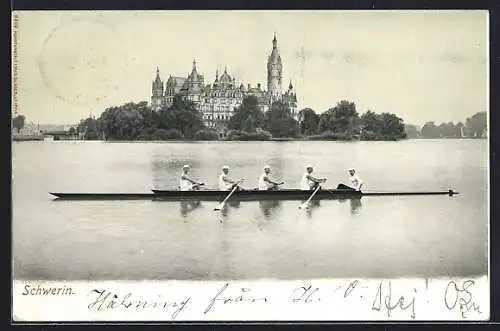 AK Schwerin, Fünfer-Ruderboot bei der Passage des Schweriner Schlosses