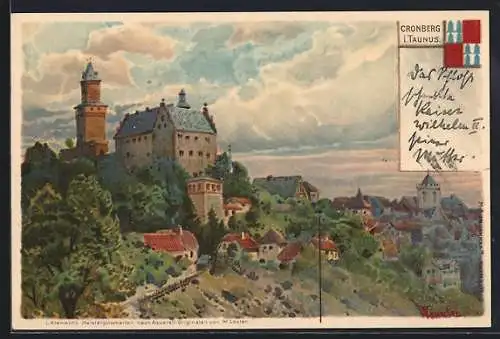 Künstler-AK Cronberg i. Taunus, Teilansicht mit Schloss