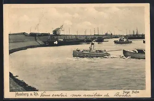 AK Homberg a. Rh., Neuer Hafen mit Schiffsverkehr