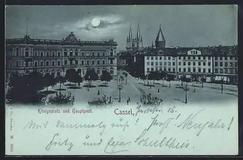 Mondschein-AK Cassel, Königsplatz und Hauptpost