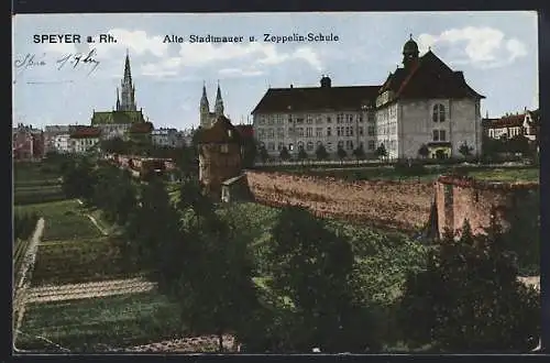 AK Speyer a. Rh., Alte Stadtmauer und Zeppelin-Schule