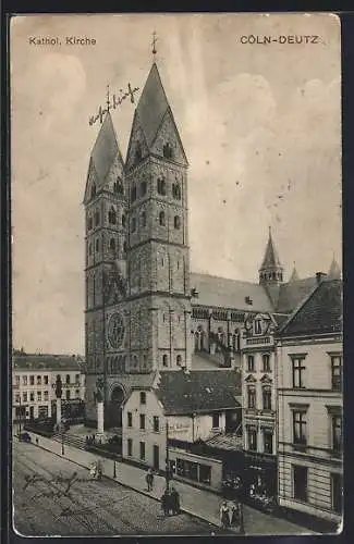 AK Köln-Deutz, Strassenpartie mit kath Kirche aus der Vogelschau