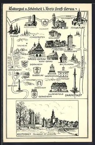 Künstler-AK Kelsterbach /Gross-Gerau, Teilansicht m. Ehrenmal, Kulturgut-Schönheit Kr. Gross-Gerau: Karte, Gebäude, Wappen