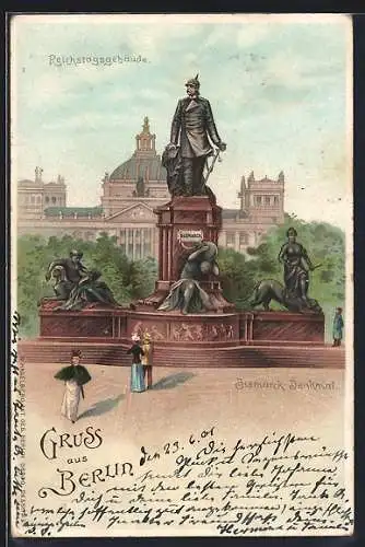 Lithographie Berlin-Tiergarten, Reichstagsgebäude & Bismarck-Denkmal