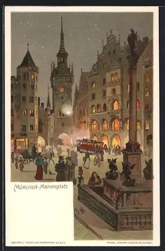 Lithographie München, Marienplatz bei Abend, Strassenbahn
