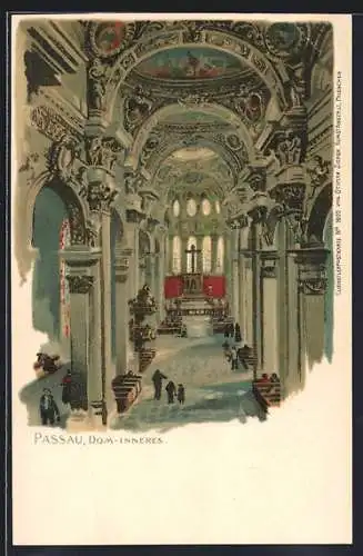 Lithographie Passau, Dom, Innenansicht