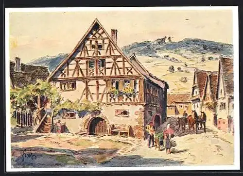 Künstler-AK Schweigen / Weinstrasse, Strassenpartie im Ort