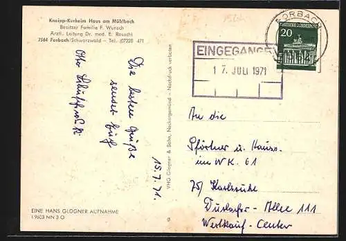 AK Forbach /Schwarzwald, Kneipp Kurheim Haus am Mühlbach, Gasthaus