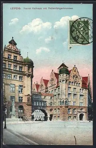 AK Leipzig, Neues Rathaus mit Rattenfängerbrunnen