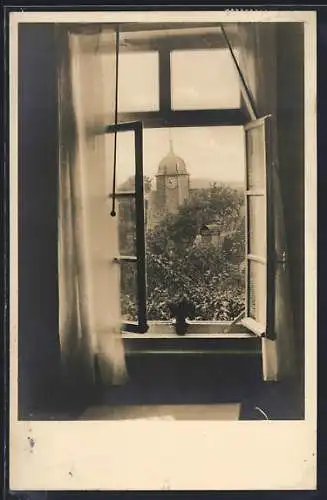 AK Rod / Berg, Landheim des Evangelischen Verbandes weiblicher Jugend, Blick aus dem Fenster