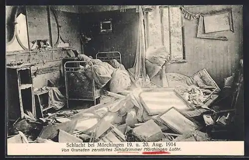 AK Mörchingen, Schlafzimmer von Granaten zerstört nach der Schlacht 1914