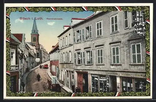 AK Bitsch i. Loth., in der Herrenstrasse, Hotel Bournique, Kirche, Rahmen aus Eichenblättern