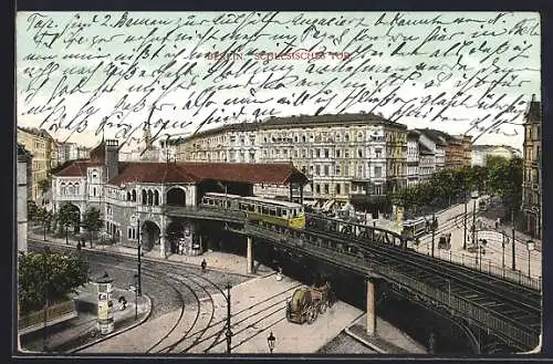 AK Berlin-Kreuzberg, Hochbahn Bahnhof Schlesisches Tor mit Litfasssäule und U-bahn