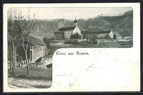 AK Beuron, gedeckte Brücke mit Kloster im Hintergrund