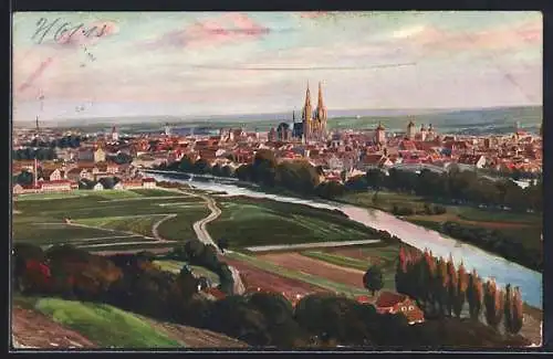 Künstler-AK Regensburg, Generalansicht mit dem Dom