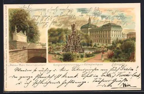 Lithographie Erlangen, Blick auf Emigrantenbrunnen mit Collegienhaus u. Donau-Main-Kanalmonument