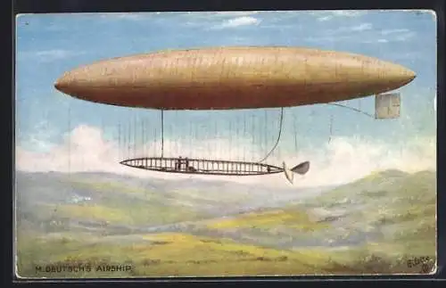 Künstler-AK Zeppelin, M. Deutsch`s Airship fliegt über Landschaft