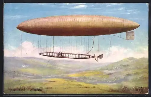 Künstler-AK Zeppelin, M. Deutsch`s Airship fliegt über Landschaft