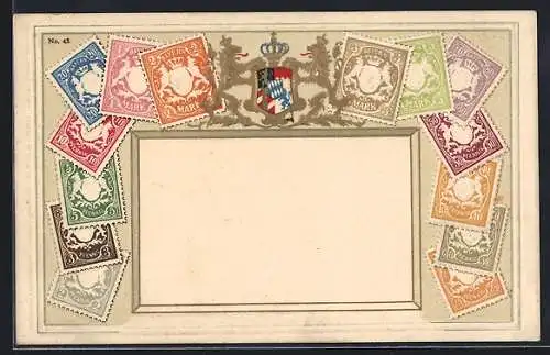 AK Bayern, Briefmarken mit Wappen, um 1900