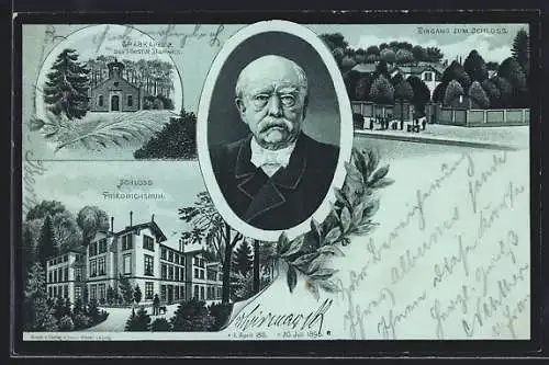 Lithographie Schloss Friedrichsruh, Eingang zum Schloss, Grabkapelle, Portrait Fürst Otto von Bismarck